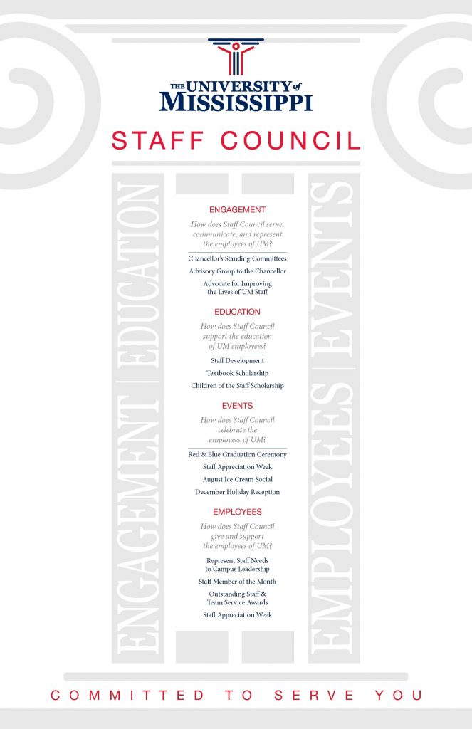 Mission. The purpose of the University of Mississippi Staff Council is to support the mission of the university by serving as an advisory group to the chancellor (or the chancellor's representatives) in matters that affect the welfare of the institution and/or its staff.